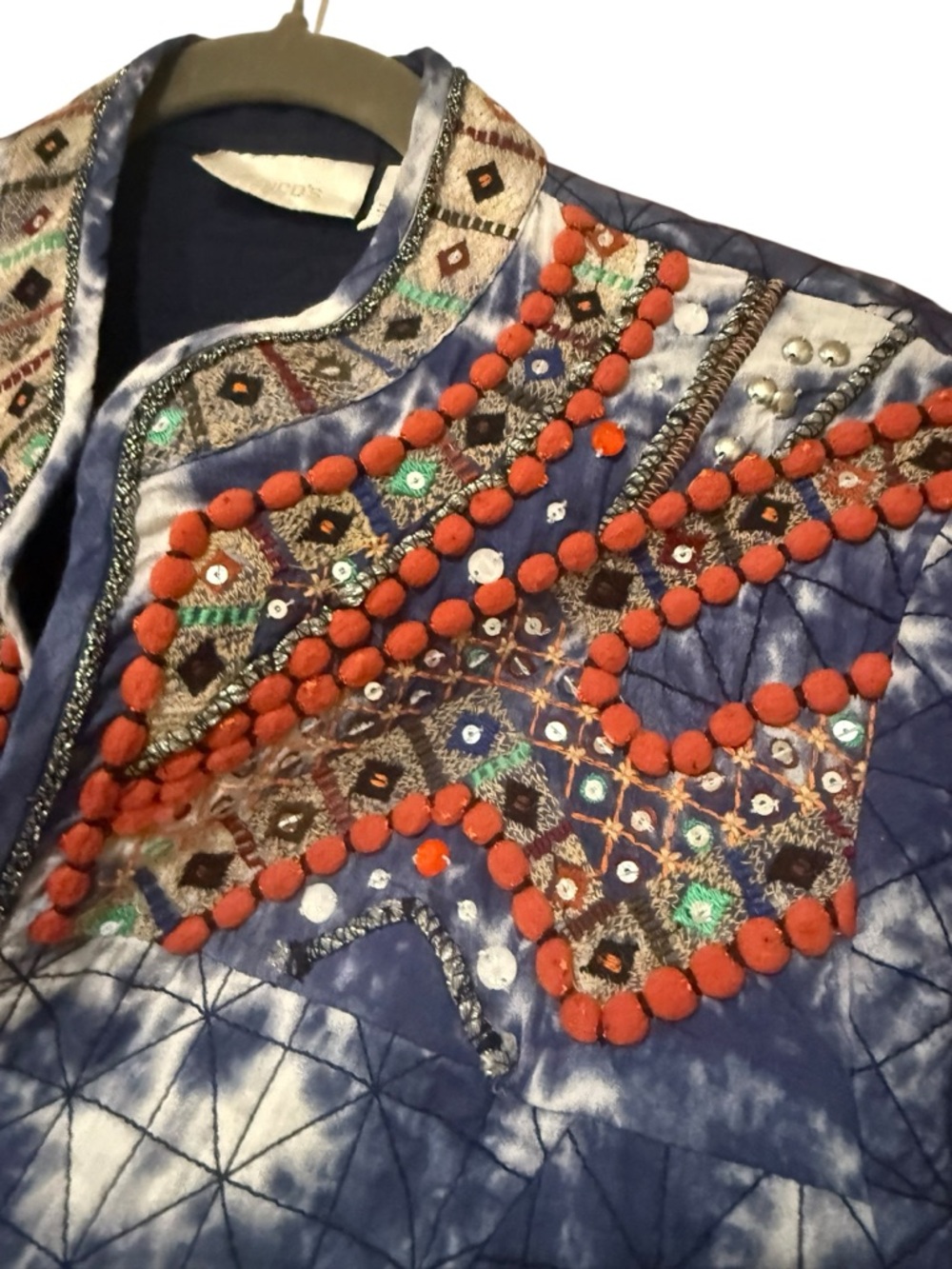 🔻Chico’s Embellished Indigo Tie Dye Quilted Jacket Beaded Boho Artisan Size 2 - Picture 4 of 8
